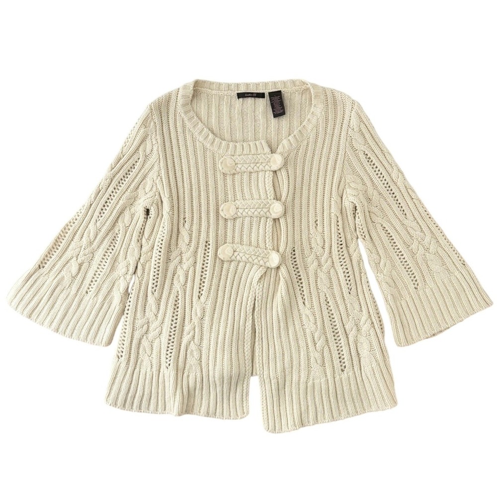 Y2K Chunky Cable‎ Knit Cardigan Womens L Aran Toggle Buttons Ivory Cottagecore